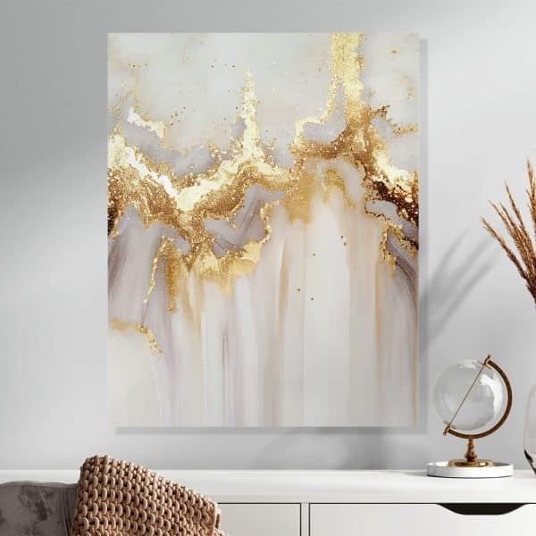 Abstract Painting Of Gold And Gray Swirls On A White Background.