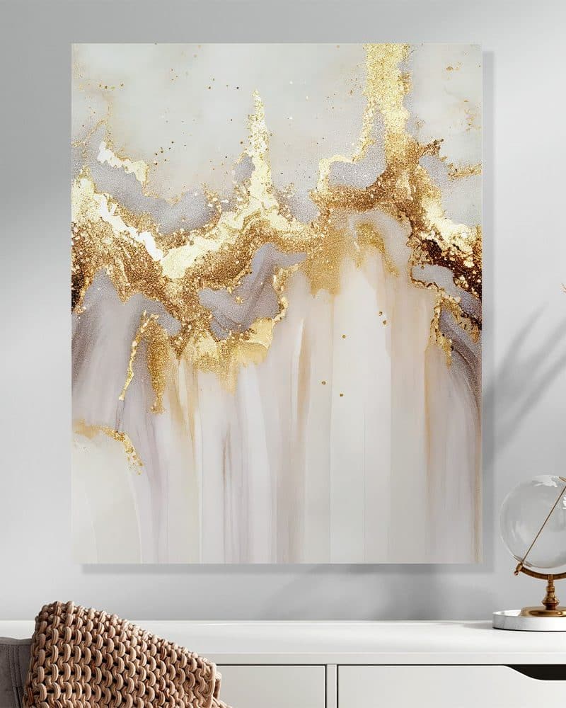 Abstract painting of gold and gray swirls on a white background.