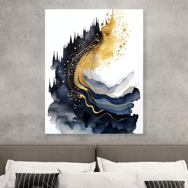 Abstract Watercolor Painting In Shades Of Blue And Gold.