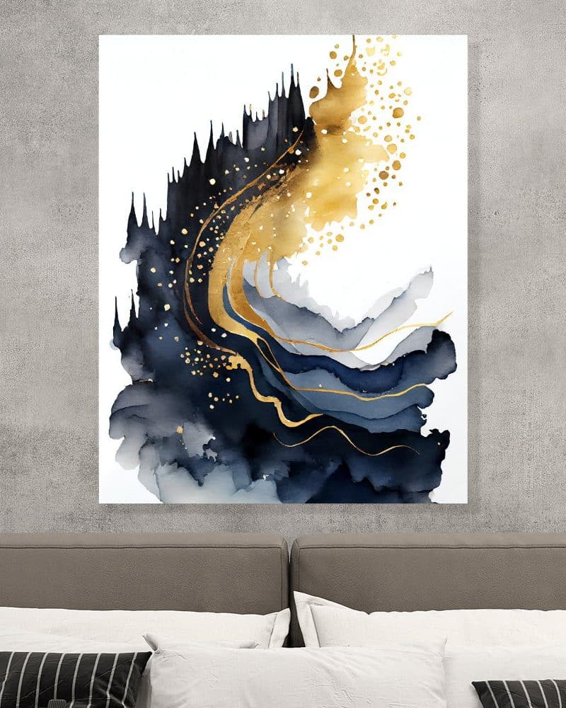Abstract watercolor painting in shades of blue and gold.