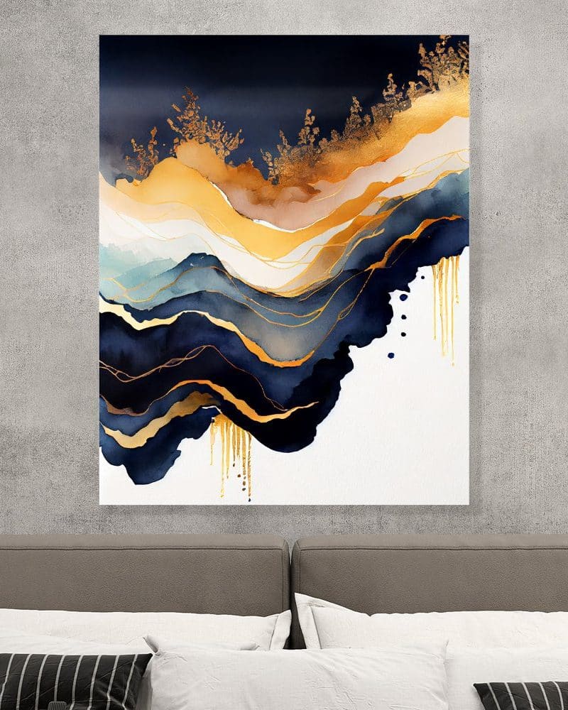 Abstract landscape painting in shades of blue, gold, and white.