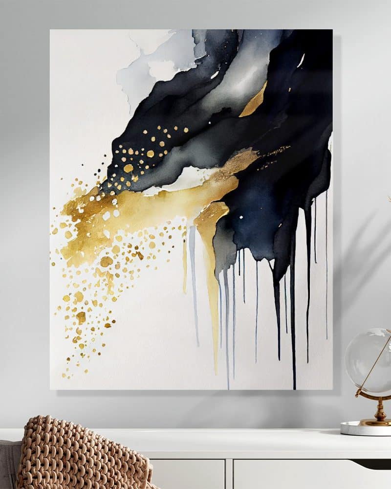 Abstract painting in gold and dark blue with drips.