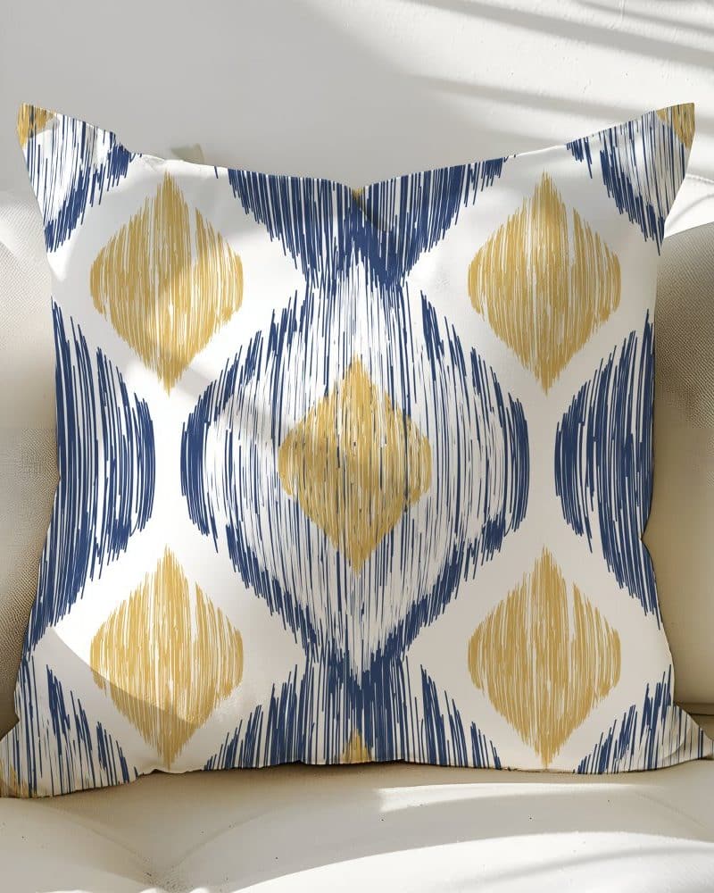 Decorative throw pillow with a blue and gold ikat pattern.