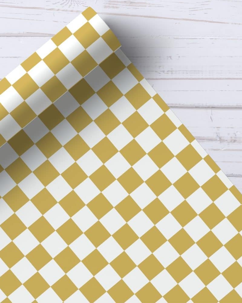 Rolled-up gold and white checkered wrapping paper.