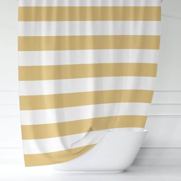 A Gold And White Striped Shower Curtain Hangs In A Bathroom, Partially Obscuring A White Bathtub.