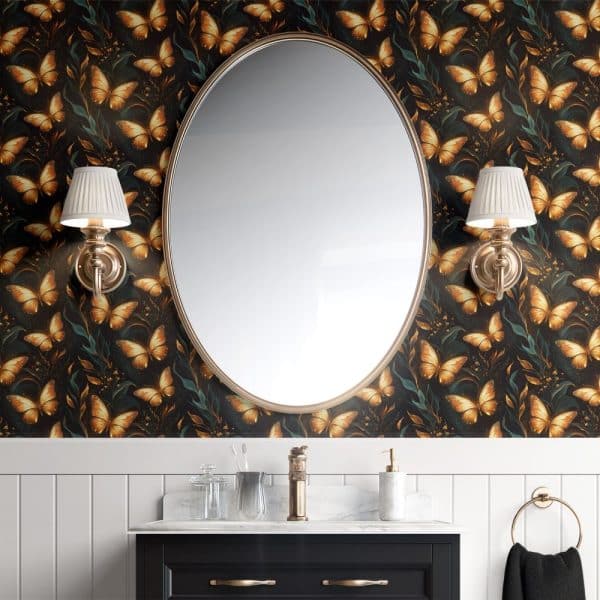 Oval Mirror Flanked By Wall-Mounted Lights, All Set Against A Dark Background Wallpaper Featuring Gold Butterflies.