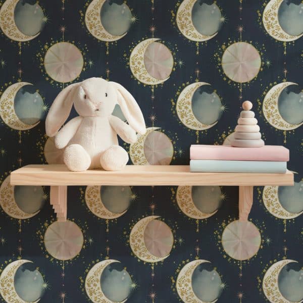 White Bunny Rabbit Sitting On A Shelf Against A Dark Blue Moon And Stars Wallpaper.