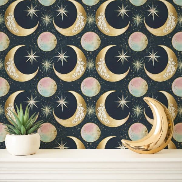 Gold Crescent Moons And Stars On A Dark Blue Background.