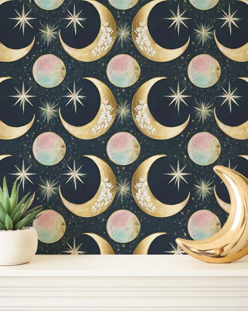 Gold crescent moons and stars on a dark blue background.