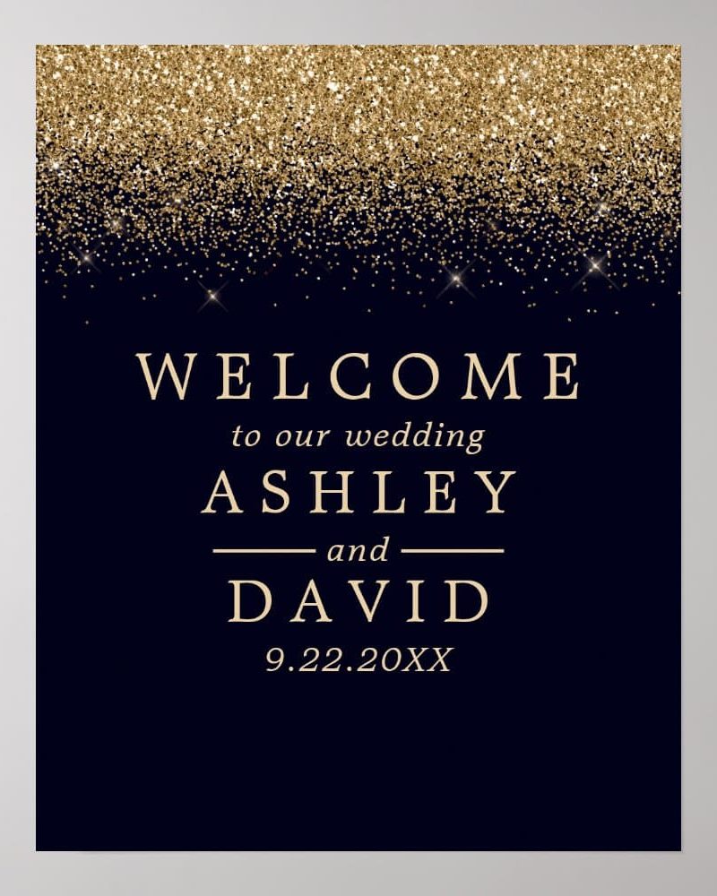 Gold Confetti Navy Blue Chic Wedding Welcome Poster