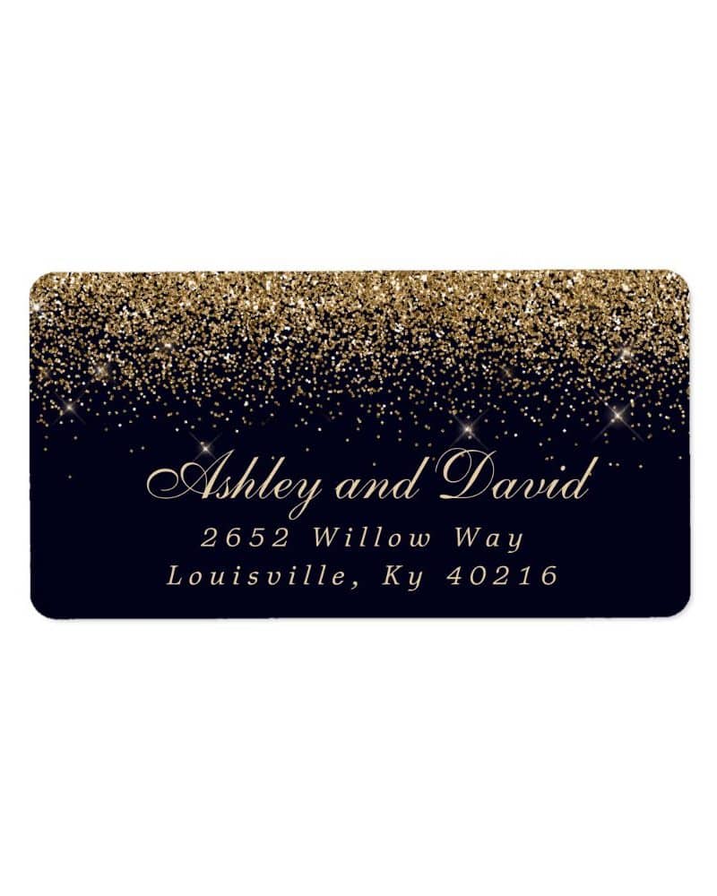 Dark blue return address label with gold glitter at the top and Ashley and David's address in a gold script font.