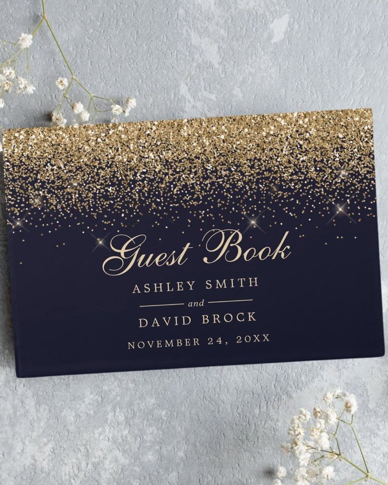 Gold Confetti Navy Blue Modern Chic Wedding Guest Book