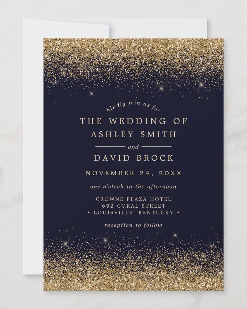 Navy blue wedding invitation with gold glitter at the top and bottom, announcing the wedding of Ashley Smith and David Brock.