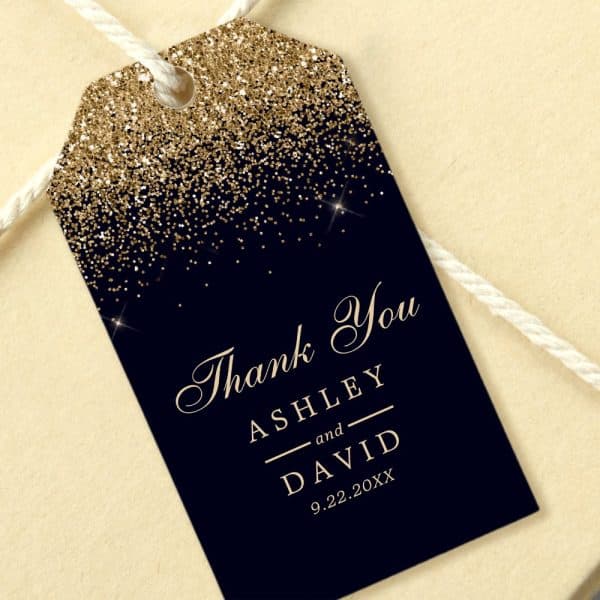 Dark-Blue Thank You Gift Tag With Gold Glitter And The Names Ashley And David.