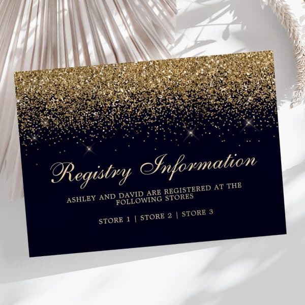 Dark Blue Registry Card With Gold Glitter, Listing Ashley And David'S Registry Information At Three Stores.