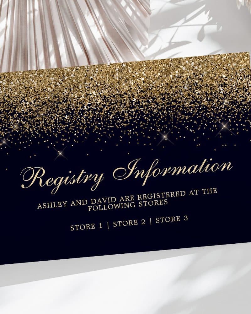 Dark blue registry card with gold glitter, listing Ashley and David's registry information at three stores.
