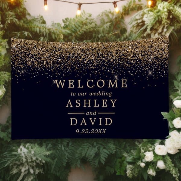 Wedding Welcome Sign With Gold Glitter On A Dark Blue Background, Announcing Ashley And David'S Wedding Date.