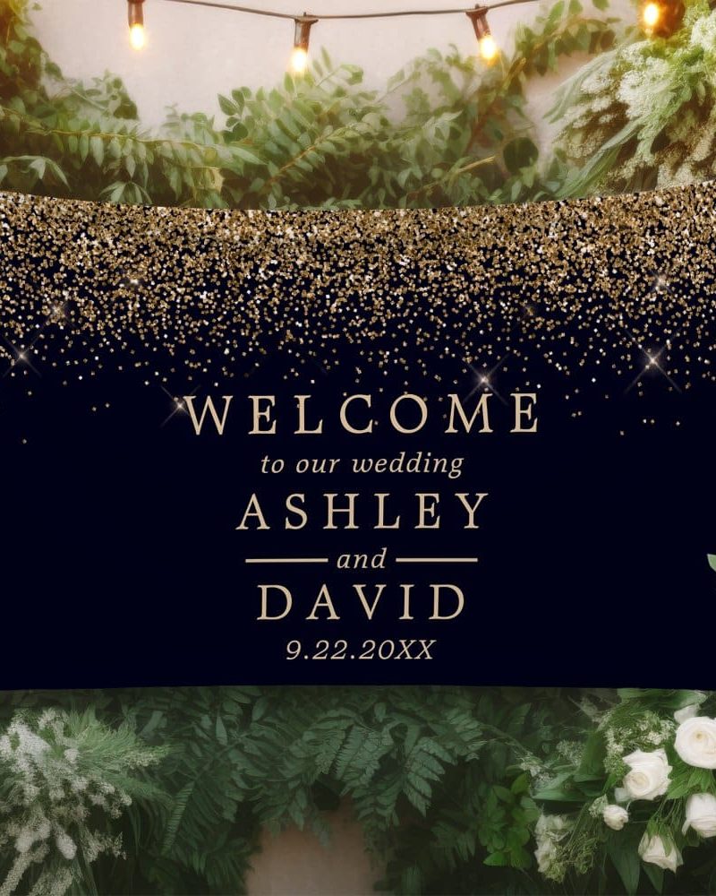 Wedding welcome sign with gold glitter on a dark blue background, announcing Ashley and David's wedding date.