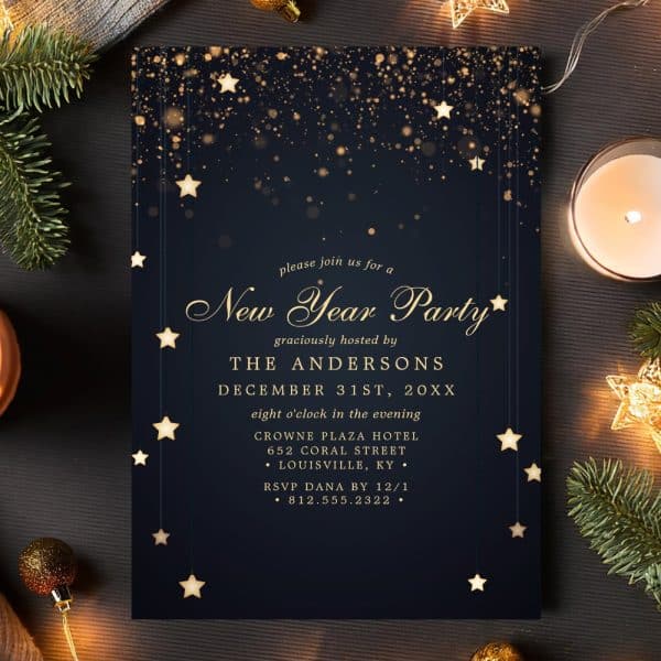 Dark Blue New Year'S Eve Party Invitation With Gold Stars And Text.