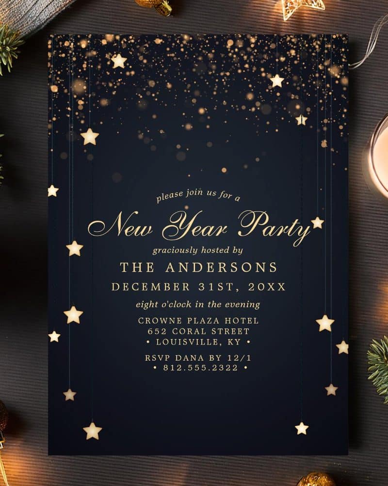 Dark blue New Year's Eve party invitation with gold stars and text.