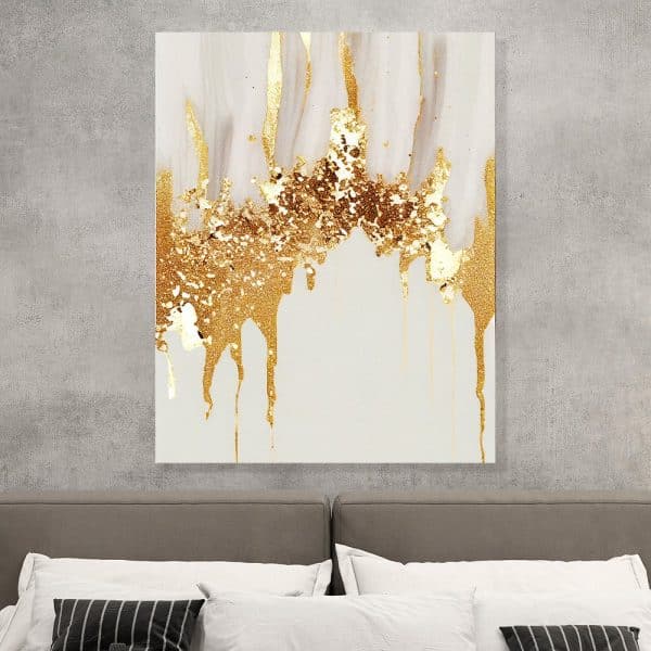 Abstract Painting Of Gold Dripping Paint On A White Background.