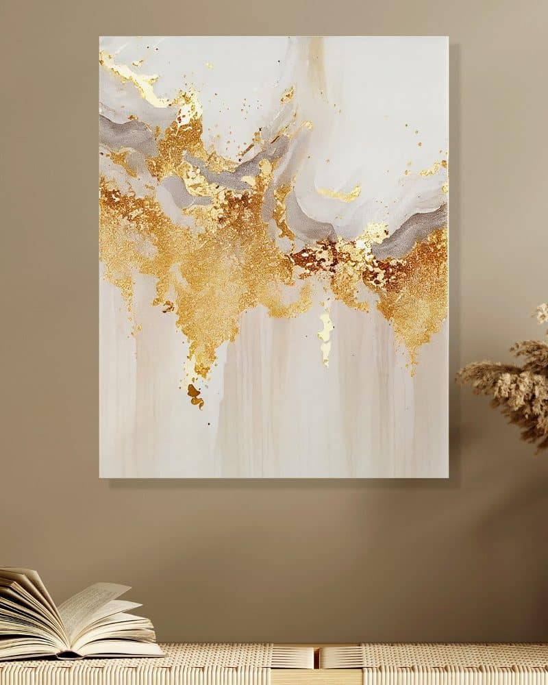 Abstract gold and grey painting with a textured, flowing design.