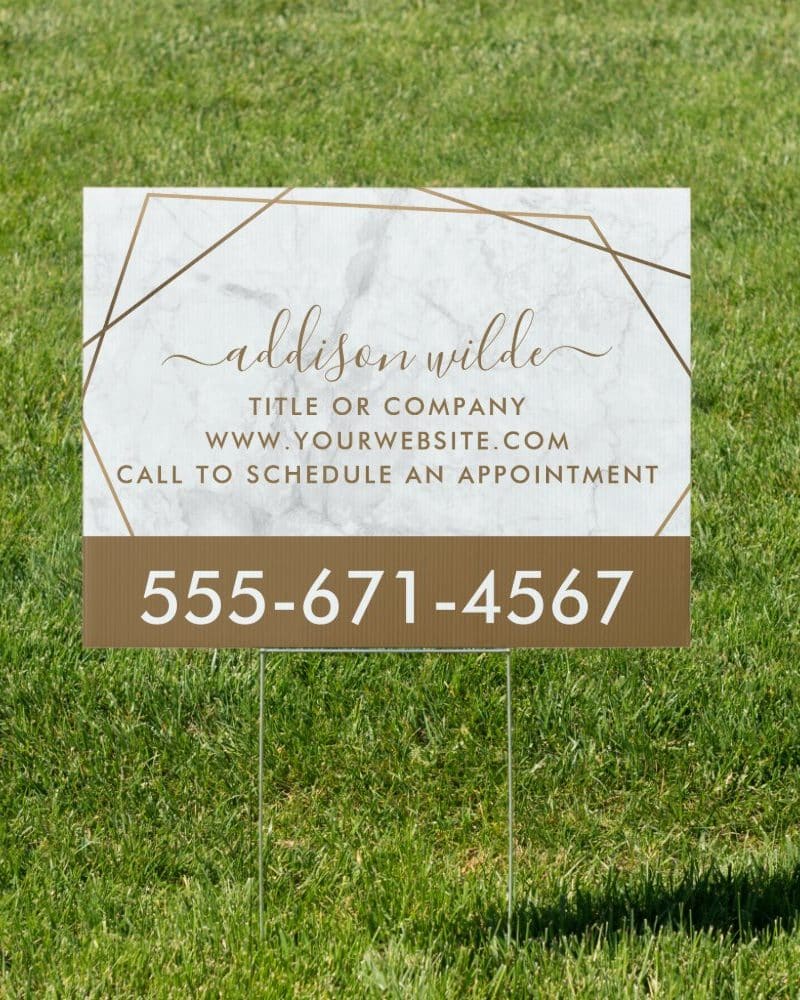 Yard sign with a marble and gold geometric design, displaying Addison Wilde's contact information.