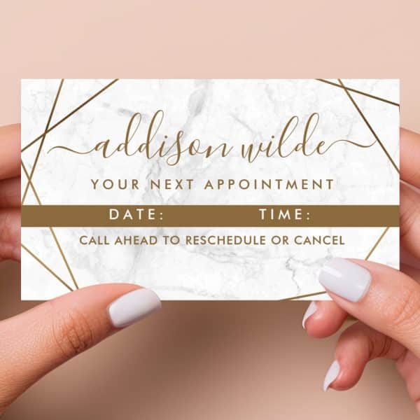 Appointment Reminder Card For Addison Wilde With Marble Background And Gold Accents.