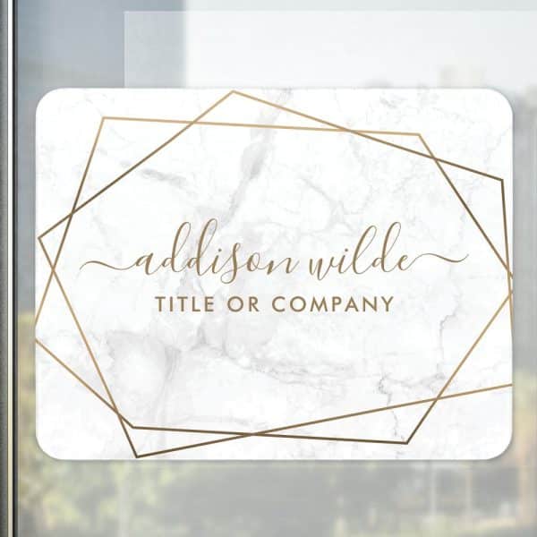 White Marble Background With Gold Geometric Frame And The Name Addison Wilde And Title Or Company.
