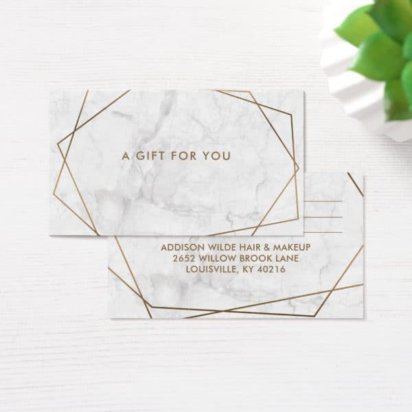 Gift Certificate With Marble Background And Gold Geometric Lines; Business Information Included.