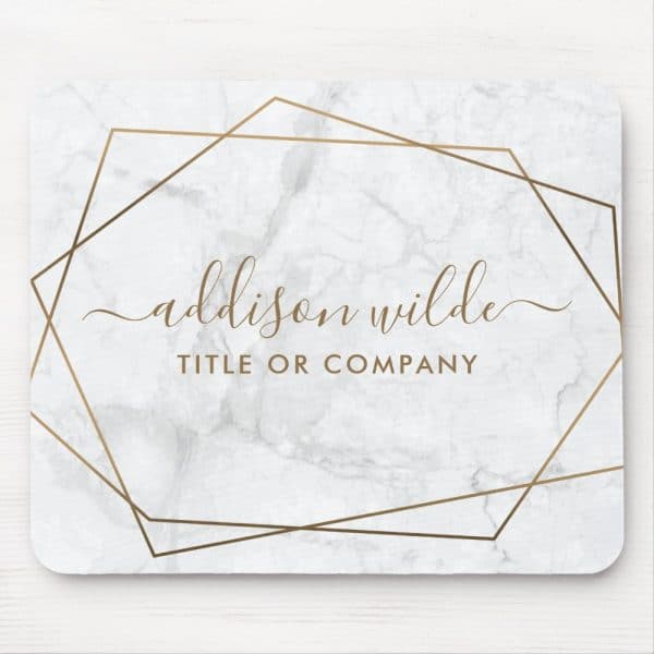 Mousepad With Marble Texture And Gold Geometric Frame; Name Addison Wilde And Title Or Company Are Centered.