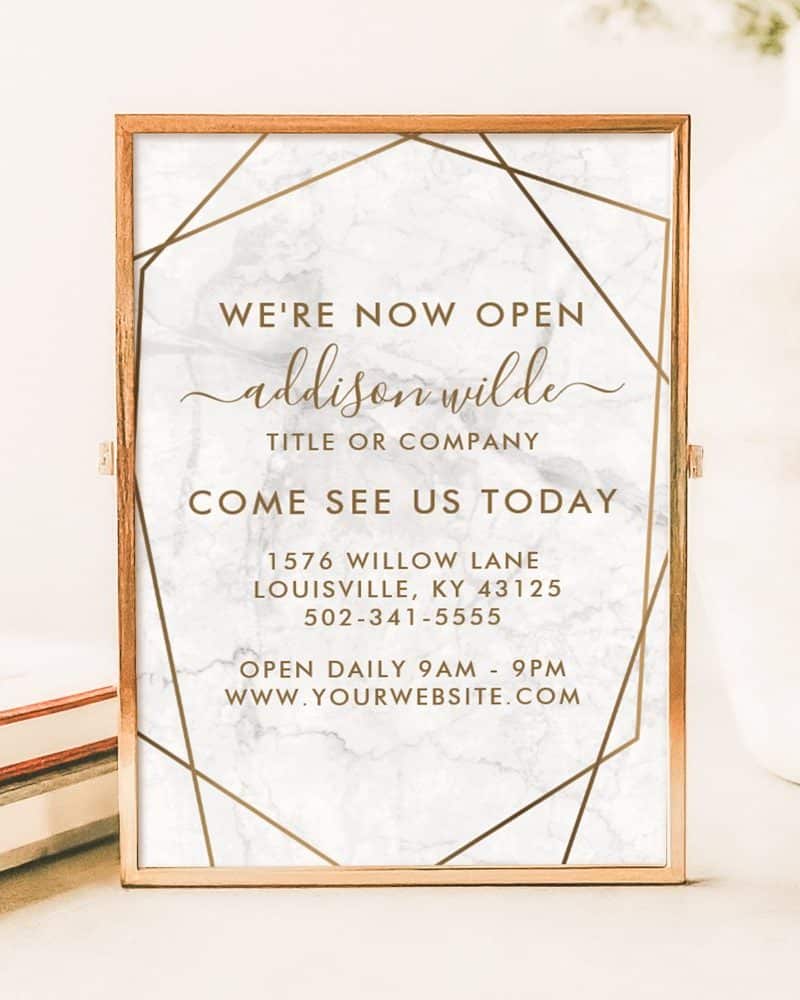 A rose gold framed sign announcing the grand opening of Addison Wilde, with the address, phone number, and website.