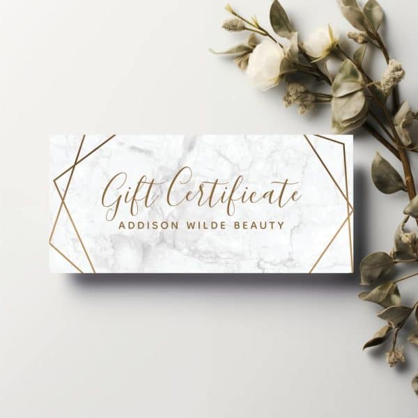 Addison Wilde Beauty Gift Certificate With Marble Background And Gold Geometric Design.