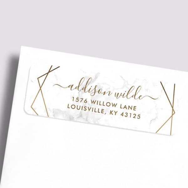 Return Address Label: Addison Wilde, Address And Zip Code On Marble Background With Gold Geometric Lines.