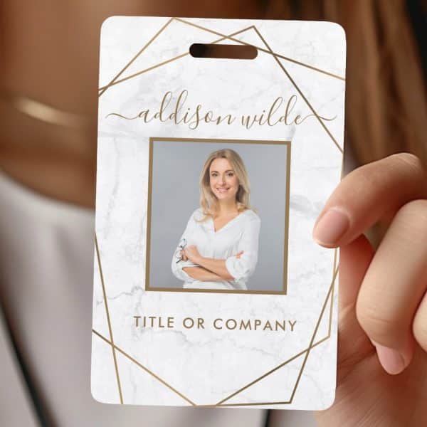 White Marble Name Tag With Gold Geometric Design, Featuring A Woman'S Headshot And Her Name, Addison Wilde.