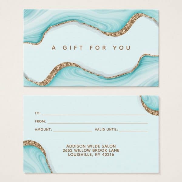 Gift Certificate With Teal Marble Design And Gold Glitter Accents.