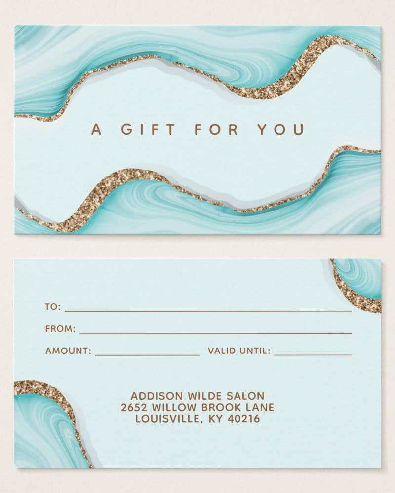 Gift certificate with teal marble design and gold glitter accents.