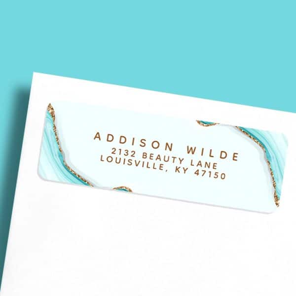Return Address Label With Teal Marble Design And Gold Accents; Addison Wilde'S Address Is Printed In Brown Text.