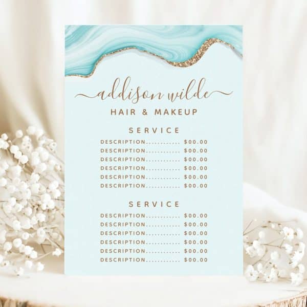 Addison Wilde Hair And Makeup Price List With Teal And Gold Design.