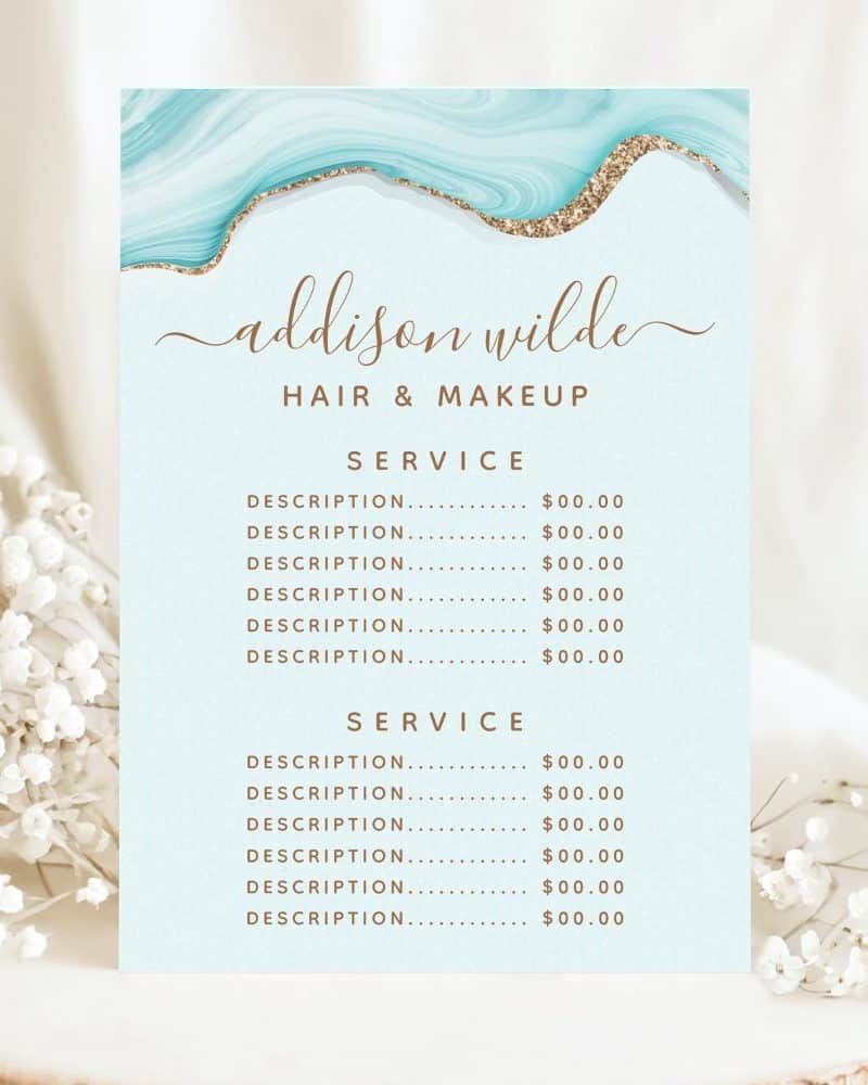 Addison Wilde hair and makeup price list with teal and gold design.