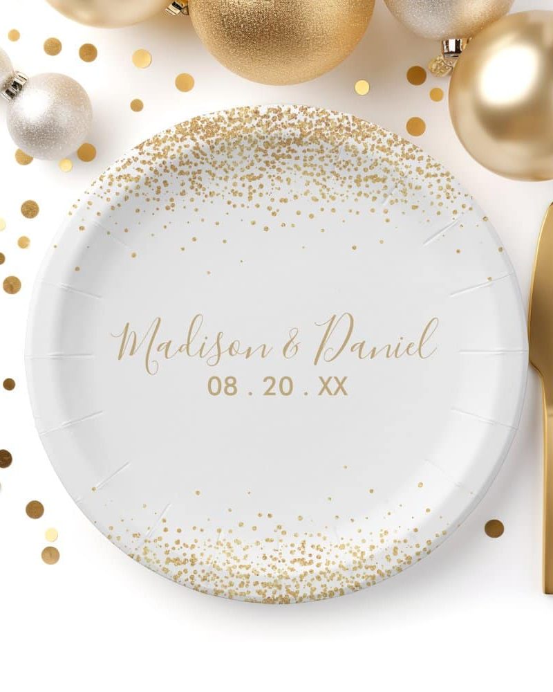 Gold Glitter Confetti Elegant Personalized Wedding Paper Plates