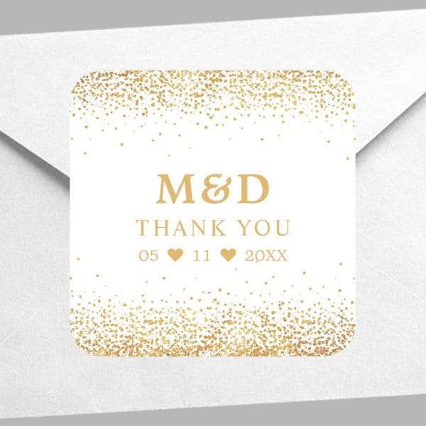 Gold Glitter Wedding Thank You Sticker With M&Amp;D And Wedding Date.