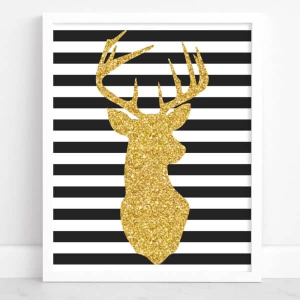 Gold Glitter Deer Head Silhouette On Black And White Stripes.