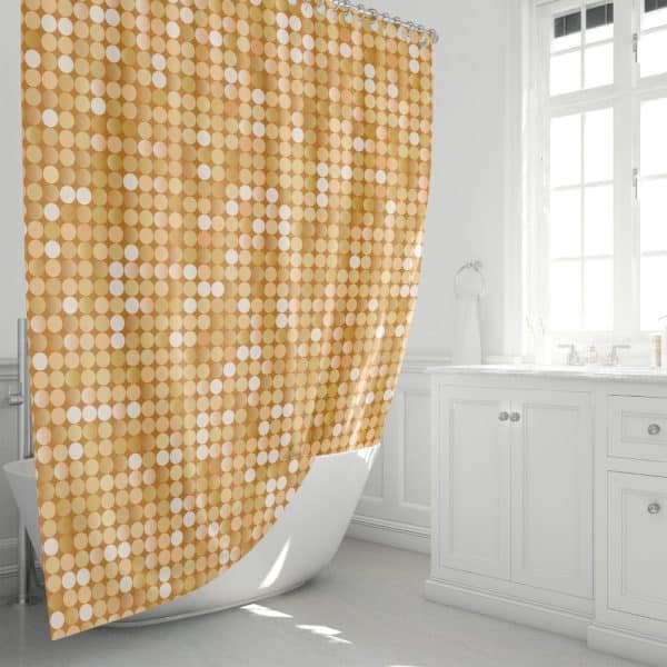 Gold And Off-White Polka Dot Shower Curtain In A Bathroom.
