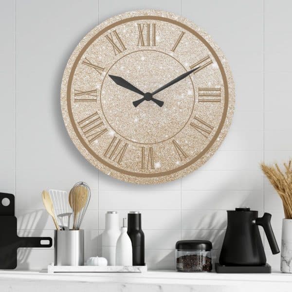 Gold Glitter Clock With Roman Numerals.