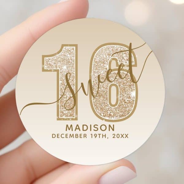 Gold Glitter Sixteen With Sweet Sixteen Written Across It, Madison'S Name And December 19Th, 20Xx Below.