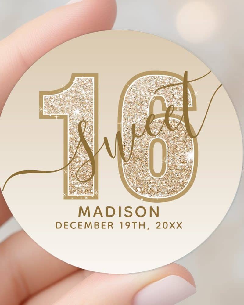 Gold glitter sixteen with Sweet Sixteen written across it, Madison's name and December 19th, 20XX below.