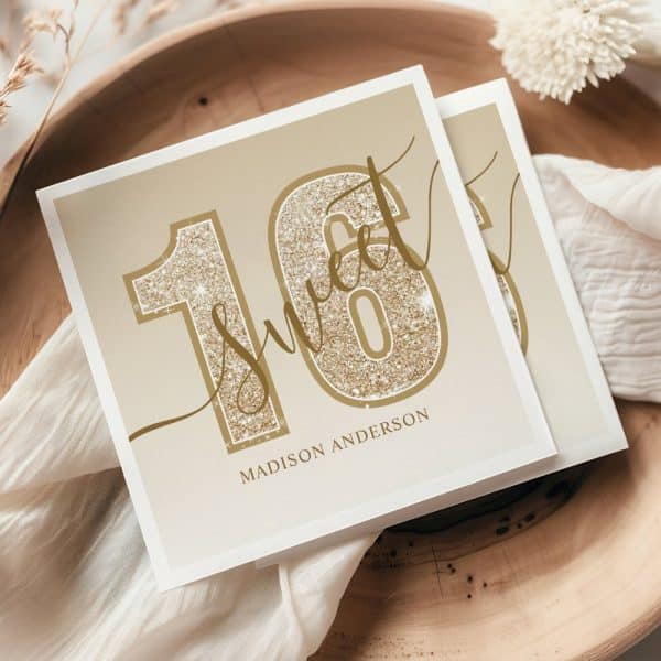 Sweet Sixteen Invitation With Gold Glitter Numbers And Madison Anderson'S Name.
