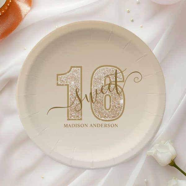 Beige Paper Plate With Gold Glitter Sixteen And Sweet 16 Design, Personalized With Madison Anderson.