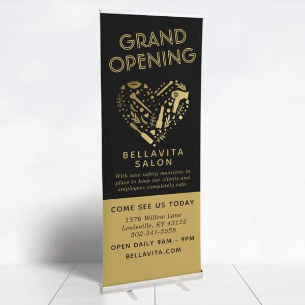 Grand Opening Retractable Banner For Bellavita Salon, Featuring A Gold Heart Design With Beauty Product Icons.